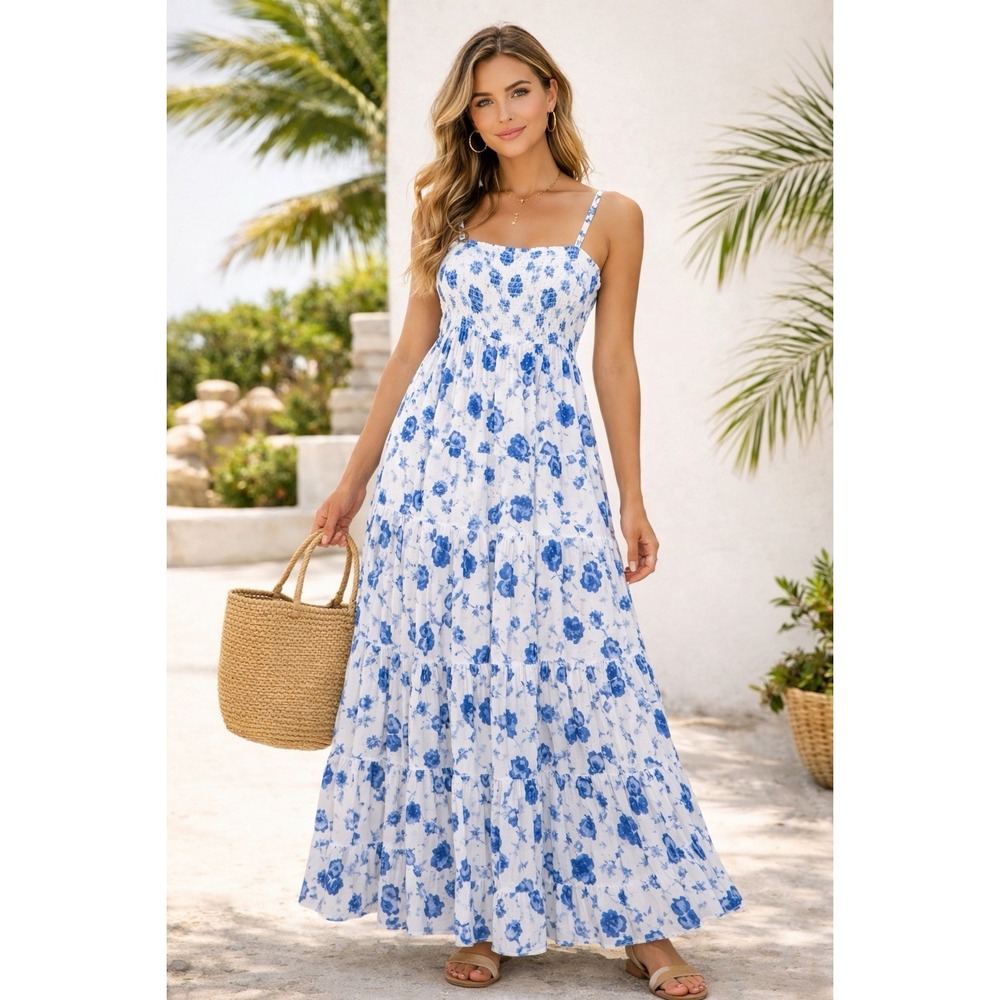 Storia‎ Maxi Sundress Womens Size L Floral Smocked Tiered Cottagecore Coastal